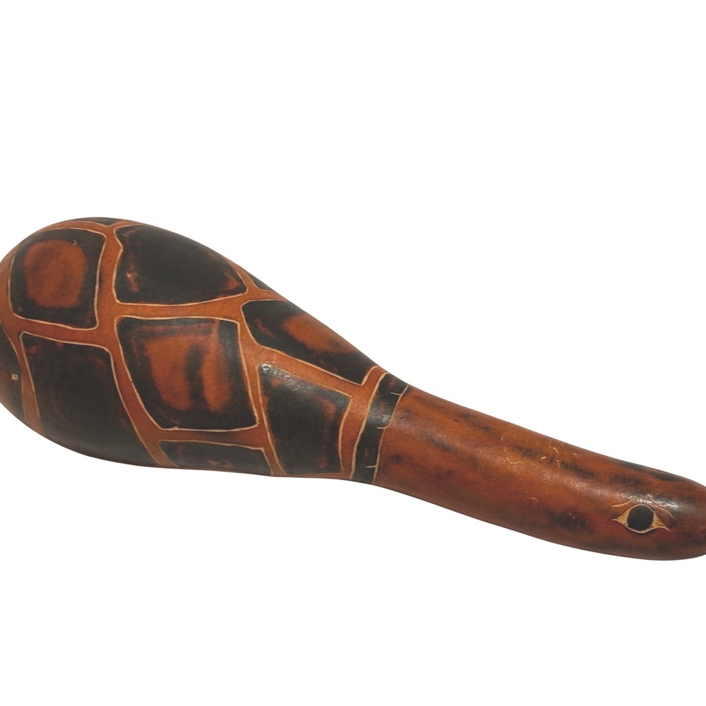 Vintage Hand Carved Gourd Maraca Sea Turtle Shaker Folk Art Peruvian Tribal 13"